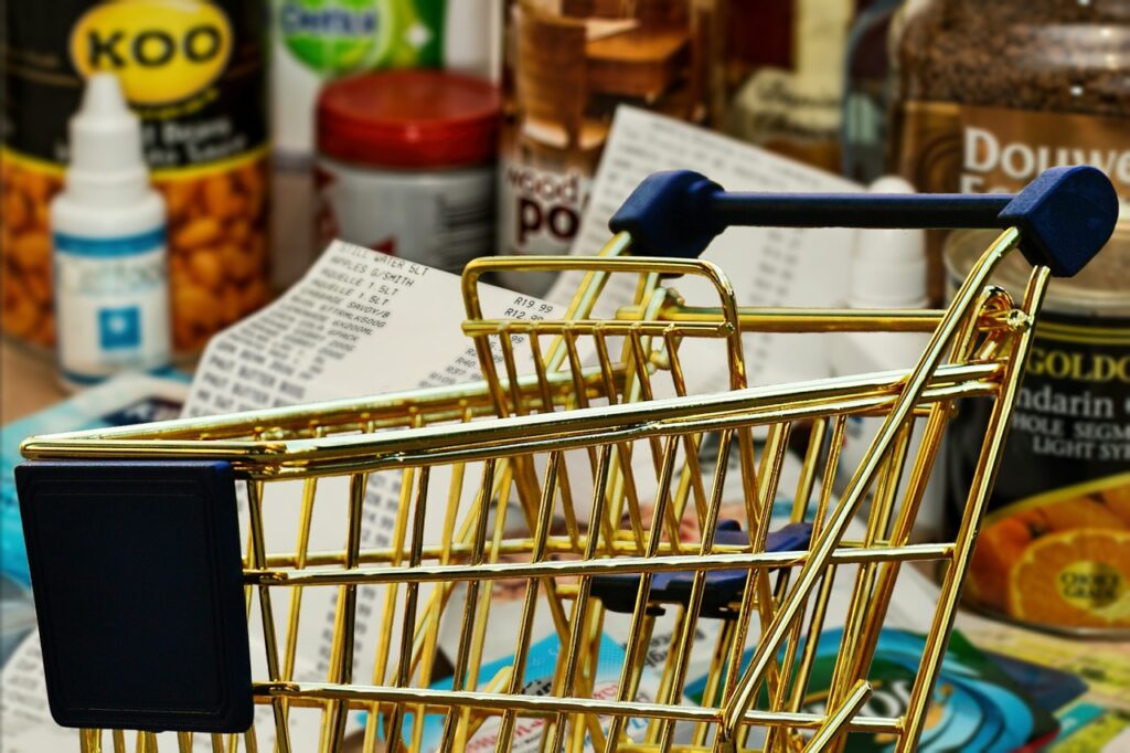 shopping cart, groceries & receipt