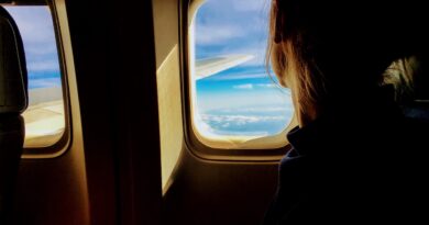 person looking out plane window